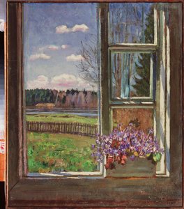 Pencerenin önünde menekşeler. Stanislav Yulianovich Zhukovsky (Zhukovsky) (1873-1944), tuval üzerine yağlı boya 1931. Rus sanatı, 20. yüzyıl, modern sanat. Devlet Sanat Müzesi, Dnepropetrovsk (Ukrayna).