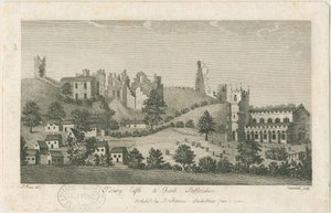 Tutbury Kalesi ve Kilisesi - Güney Doğu Görünümü: gravür, nd [1762-1792] (baskı) by Stebbing Shaw