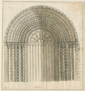 Tutbury Manastırı Kilisesi - Batı Kapısındaki Kemer: kalem ve sepya çizimi, nd [1762-1802] (baskı) by Stebbing Shaw