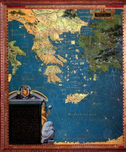 Stefano Bonsignori (? -1589) tarafından yapılan Yunanistan Haritası İtalyan kozmograf ve ressam. 1581 civarında. Floransa, Palazzo Vecchio, Sala del Mappamondo