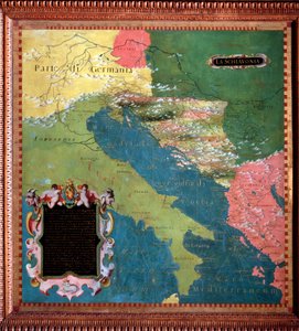 İtalya ve Yugoslavya (Slav ülkeleri) Stefano Bonsignori (? -1589) tarafından yapılmış harita İtalyan kozmograf ve ressam. 1581 civarında. Floransa, Palazzo Vecchio, Sala del Mappamondo