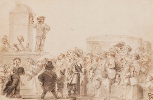 Arka planda bir araba ile bir Kukla gösterisi izleyen bir Cüce Grubu by Stefano della Bella