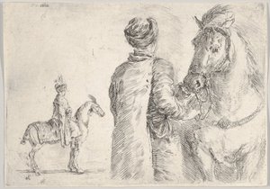 Sağda bir atın dizginini tutan Polonyalı bir uşak, arkadan görüldü, Polonyalı bir hor..., yakl. 1662. by Stefano della Bella