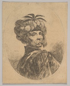 Bıyıklı, beş ak balıkçıl tüyüyle süslenmiş sarıklı bir Türk erkeği, turne..., 1650.