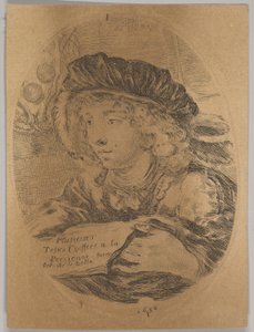 Tüylü bir şapka takan genç bir adamın büstü, dörtte üçü sola döndü, ..., 1650. by Stefano della Bella
