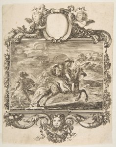 Süslü bir bordür içinde, meyve ve çiçeklerle süslenmiş, at sırtında bir süvari ve bir hanım..., ca. 1655. by Stefano della Bella