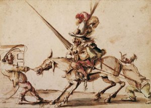 Diğer iki cüce tarafından bir turnuvaya çekilen, huzursuz bir katır üzerinde hamur gibi bir cüce by Stefano della Bella