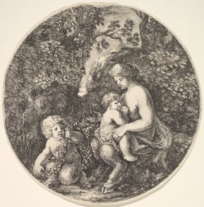 Sağda bir çocuğu emziren bir kadın satir, sola dönük bir satir çocuğu..., 1639. by Stefano della Bella