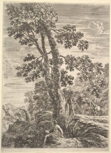 Ortada, yüzü sola dönük ve büyük bir ağaca yaslanmış bir balıkçı, yürüyen bir kadın..., yakl. 1652-57. by Stefano della Bella