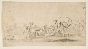 Ağlarını getiren bir balıkçı, solda bir balyayı sağa iten bir adam, iki kişilik..., yakl. 1662. by Stefano della Bella