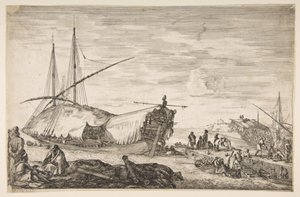 Yelkenlerle kaplı bir kadırga sola, altı top ve dört kişi sola, bir ..., 1655. by Stefano della Bella