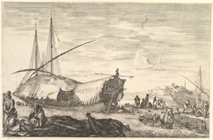 Sola yelkenlerle kaplı bir kadırga, ön planda sola altı top ve dört kişi..., ca. 1652-57. by Stefano della Bella