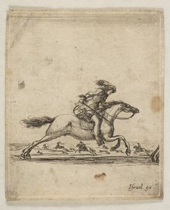 Sağa doğru dört nala koşan elinde kılıcı olan bir süvari, dört nala koşan diğer atlılar..., ca. 1645-46. by Stefano della Bella