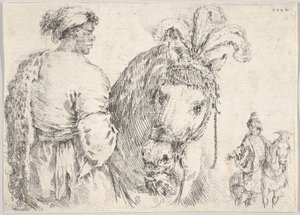 Profilde solda bir adam merkezdeki bir ata bir avuç saman veriyor, bir atlı da t..., yakl. 1662. by Stefano della Bella