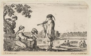 Ortada keman çalan bir adam, profilde sola doğru döndü, oturan bir kadın ..., 1649. by Stefano della Bella
