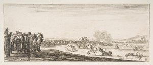 Sola atlı top arabaları, savaşta atlılar ve ölü bir ho..., ca. 1641. by Stefano della Bella