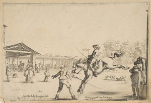 Bir binicilik okulu, kılıcı olan başka bir adam tarafından yönetilen kılıçla zıplayan bir süvari..., ca. 1645. by Stefano della Bella