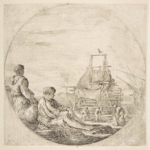 Oturan beyaz bir denizci ve ayakta duran bir siyah denizci, arkada bir gemi inşa eden insanlar..., ca. 1660. by Stefano della Bella