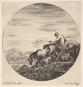 Sağda bir çoban, yüzü sola dönük, bir grup hayvanı yokuş aşağı sürüyor, yuvarlak bir araç..., yakl. 1643-48. by Stefano della Bella