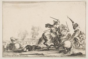 Bir çarpışma, sağda kılıçlarla savaşan iki atlı, bayrak taşıyan adamlar..., ca. 1645. by Stefano della Bella