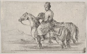 Bir nehirde bir atın üstünde, diğerinin yanında oturan iki atı yıkanan bir uşak..., ca. 1662. by Stefano della Bella