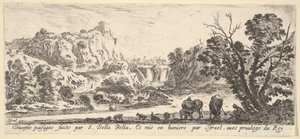 Arka planda dağlardan inen bir şelale, çeşitli hayvanlar ve..., ca. 1641. by Stefano della Bella