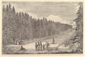Bir çeşme sokağı, ortada bir grup insan, sağda oturan bir adam ve köpek, iki..., yakl. 1653. by Stefano della Bella