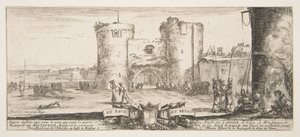 Merkezde bir kale girişi, sağda ateşin yanında oturan çocuğu olan bir kadın, sol..., yakl. 1641. by Stefano della Bella