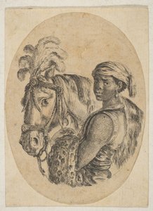 Siyah köle bir leopar postu taşır ve birkaç kafadan bir atın dizginini tutar..., 1649-50. by Stefano della Bella