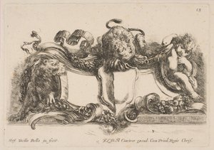 Üzerinde Bir Aslan bulunan ve Çerçeveli Bir Aslan ve Bir Çocuğun Çerçevelediği Boş Kalkan İçeren Kartuş, 1646. by Stefano della Bella