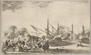 Birkaç kayık ve gemi arasındaki savaş, kayıklarda iki grup adam sola doğru savaşıyor..., 1639. by Stefano della Bella