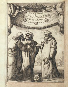 Galileo (solda) Batlamyus (ortada) ve Kopernik ile sohbet ederken, Dialogo sopra i nedeniyle Massimi Sistemi del Mondo, Tolemaico e Copernicano
