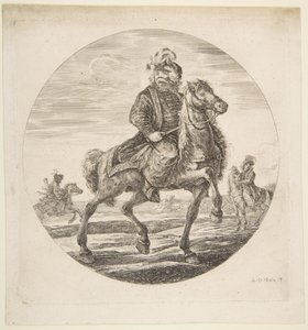 Sağa doğru giden Macar atlısı, arka planda diğer atlılar, bir sirk..., yakl. 1651. by Stefano della Bella