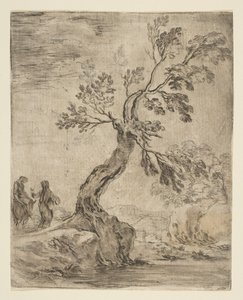Biri eşeğe binmiş iki kadınla manzara, ca. 1660. by Stefano della Bella