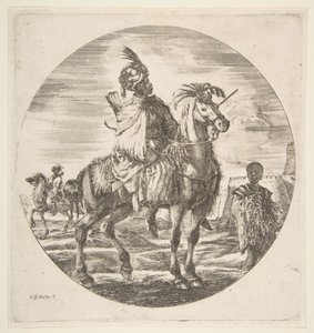 Profilde sağa bakan Mağribi süvari, sağda kürk tutan siyah bir köle, anthe..., yakl. 1651. by Stefano della Bella