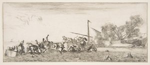 Deniz savaşı, tüfeklerle savaşan insanlarla dolu bir kayık sola, insanlar boğuluyor..., ca. 1641. by Stefano della Bella