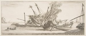 Deniz muharebesi, merkezde bir gemi, arkadan görülüyor, dört düşman gemisine ateş ediyor, bir diğeri ..., yakl. 1641. by Stefano della Bella