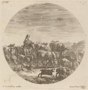 İnekler, Koyunlar ve Keçilerle At Üzerinde Oturan Köylü by Stefano della Bella