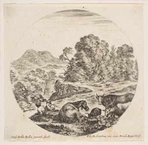 Levha 10: ortada yatan bir at, sağda bir inek ve iki keçi, iki oturan çoban..., yakl. 1646. by Stefano della Bella
