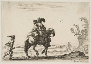 Levha 10: Bir süvari ve bir kadın, arkadan görülüyor, gençle birlikte sağa doğru sürüyorlar ..., 1642. by Stefano della Bella