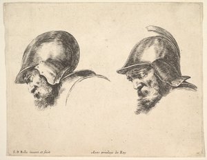 Levha 10: Miğfer takan, ikisi de sola bakan ve aşağı bakan iki yaşlı asker başı..., yakl. 1641. by Stefano della Bella