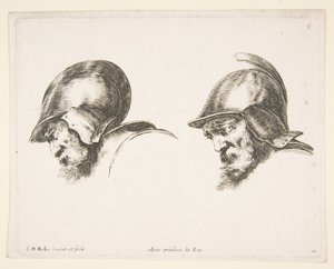 Levha 10: Miğfer takan, ikisi de sola bakan ve aşağı bakan iki yaşlı asker başı..., yakl. 1641. by Stefano della Bella