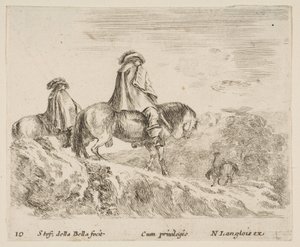 Levha 10: Solda bir dağa inen iki atlı, sağa doğru başka bir atlı ..., ca. 1644-47. by Stefano della Bella