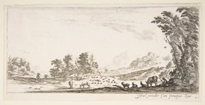 Levha 11: Sağda bir ağacın altında oturan çoban, soldaki sürüsünü izliyor..., yakl. 1641. by Stefano della Bella