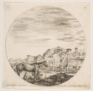 Levha 12: Sağda yerde uyuyan bir çoban, solda üç at, diğer atlar..., yakl. 1646. by Stefano della Bella