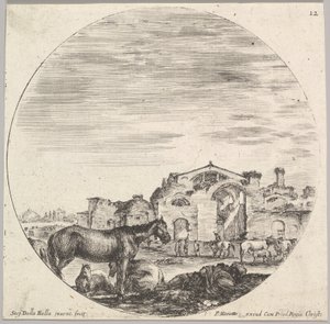 Levha 12: yerde uyuyan bir çoban sağa, üç at sola, diğer h..., yakl. 1643-48. by Stefano della Bella