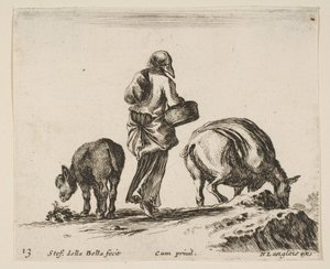 Levha 13: Arkadan görülen, ortasında sepet tutan bir köylü kadın, bir eşek..., yakl. 1644-47. by Stefano della Bella
