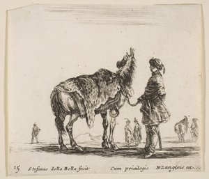 Levha 15: Polonyalı bir asilzade, yüzü öteye dönük, atını leopar postuyla kaplamış..., yakl. 1644-47. by Stefano della Bella