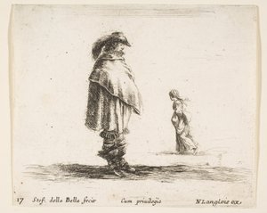 Levha 17: Merkezde tüylü bir şapka takan bir adam sağa dönük, bir kadın..., yakl. 1644-47. by Stefano della Bella