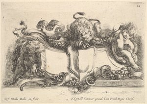Levha 18: Boş bir arma içeren bir kartuş, iki dişi aslan, biri sola, biri de san...., 1646. by Stefano della Bella